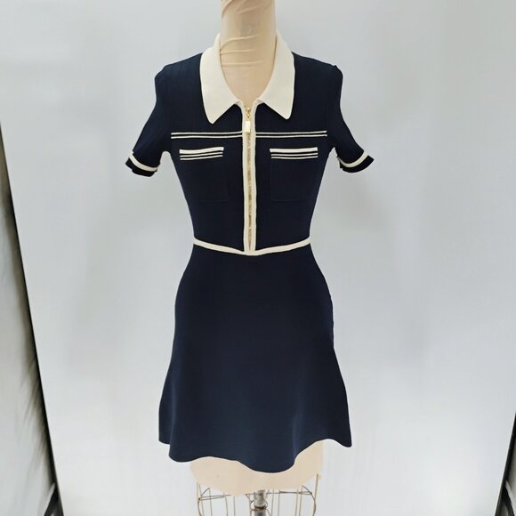 Sandro Two Tone Knit Dress Size 38 in Ecru/Marine - Picture 6 of 16